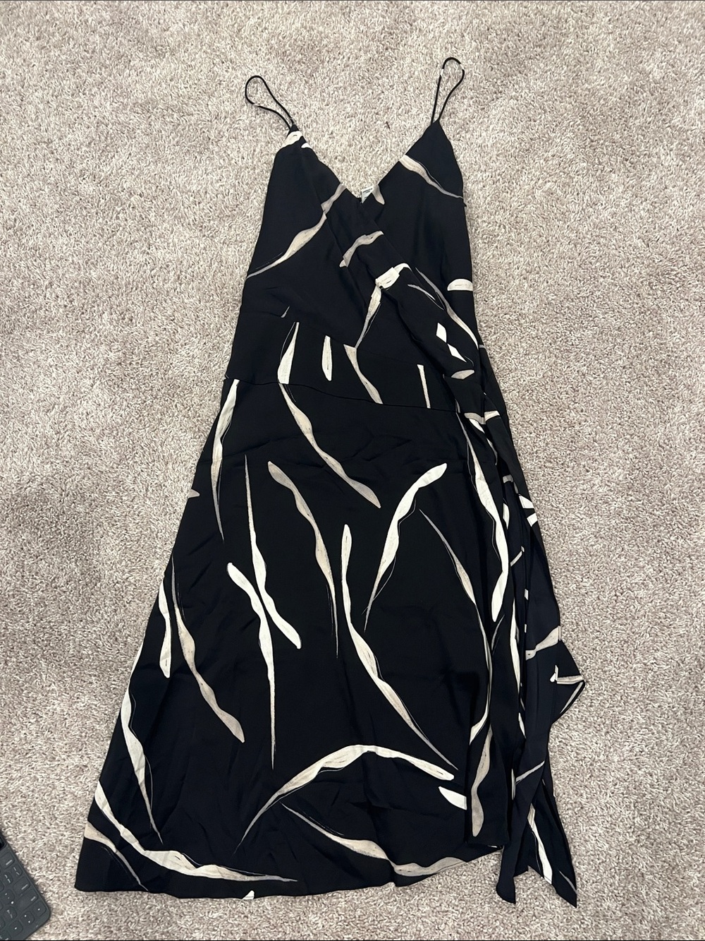 Diane Von Furstenberg Black Strapless Wrap Dress with Ivory Leaf Print
